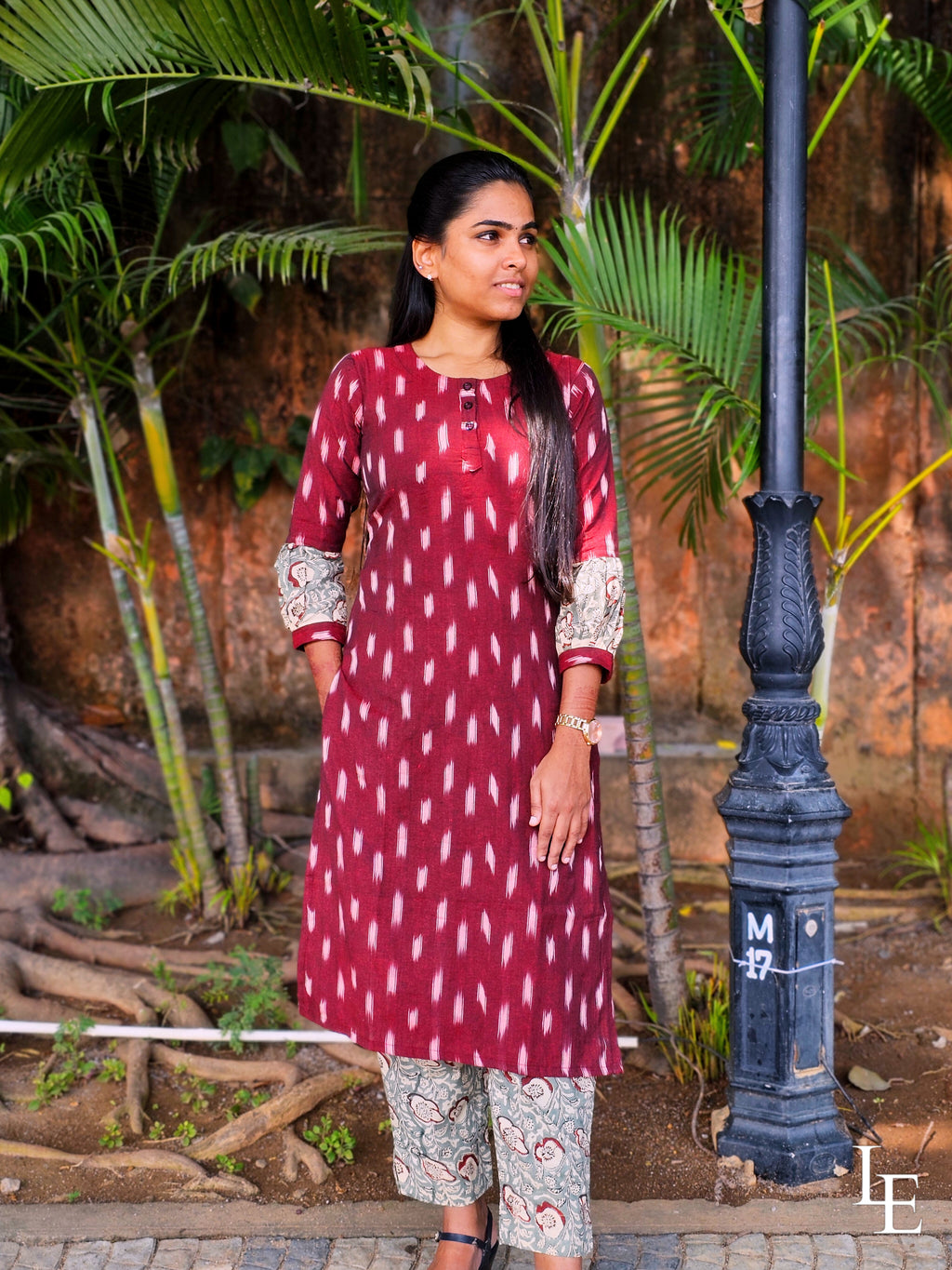 Varnika - Maroon Ikkat & Light Blue Kalamkari Blend Kurta Set