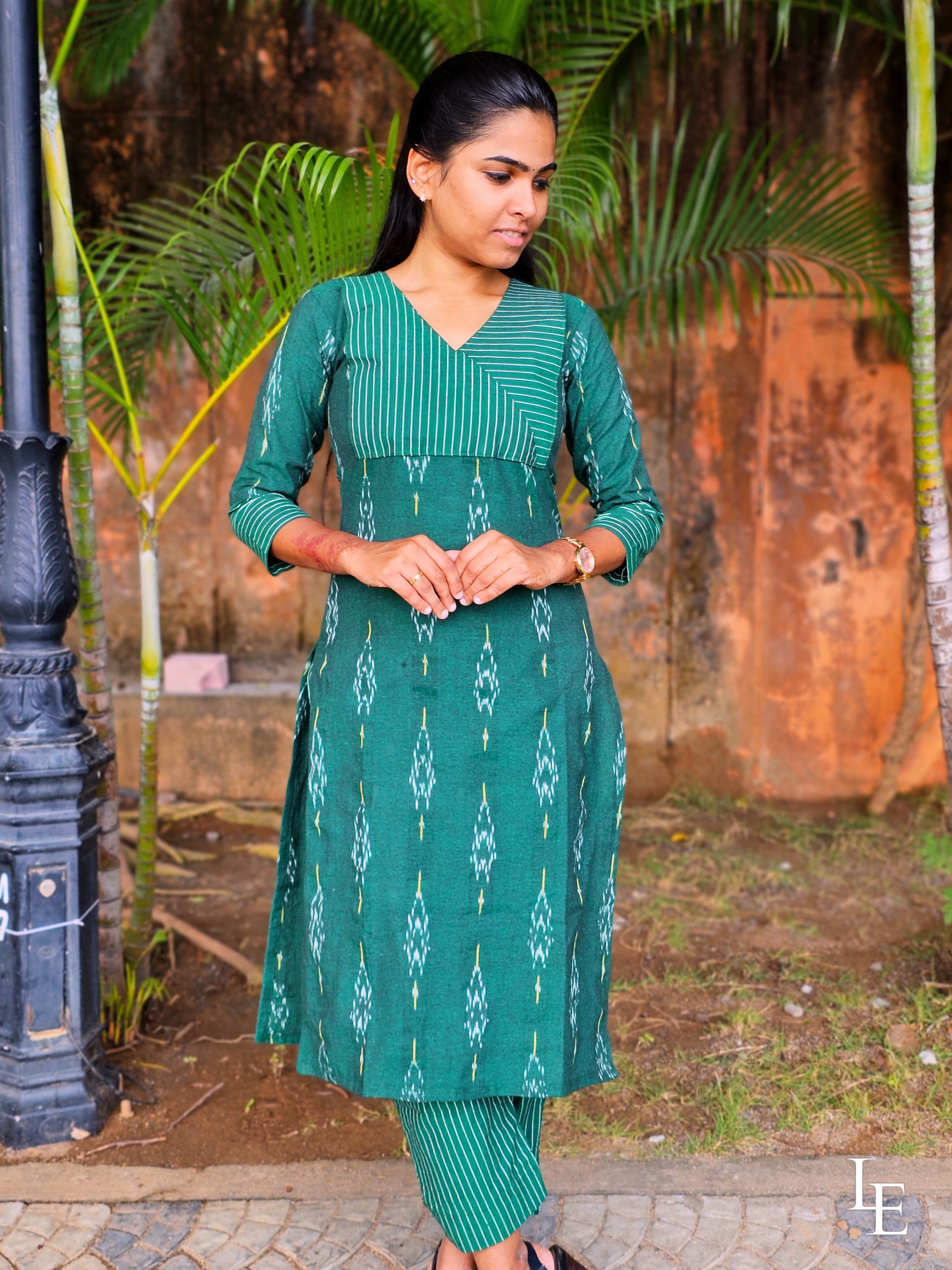 Nilani - Green Ikkat & Stripes Blend Kurta Set