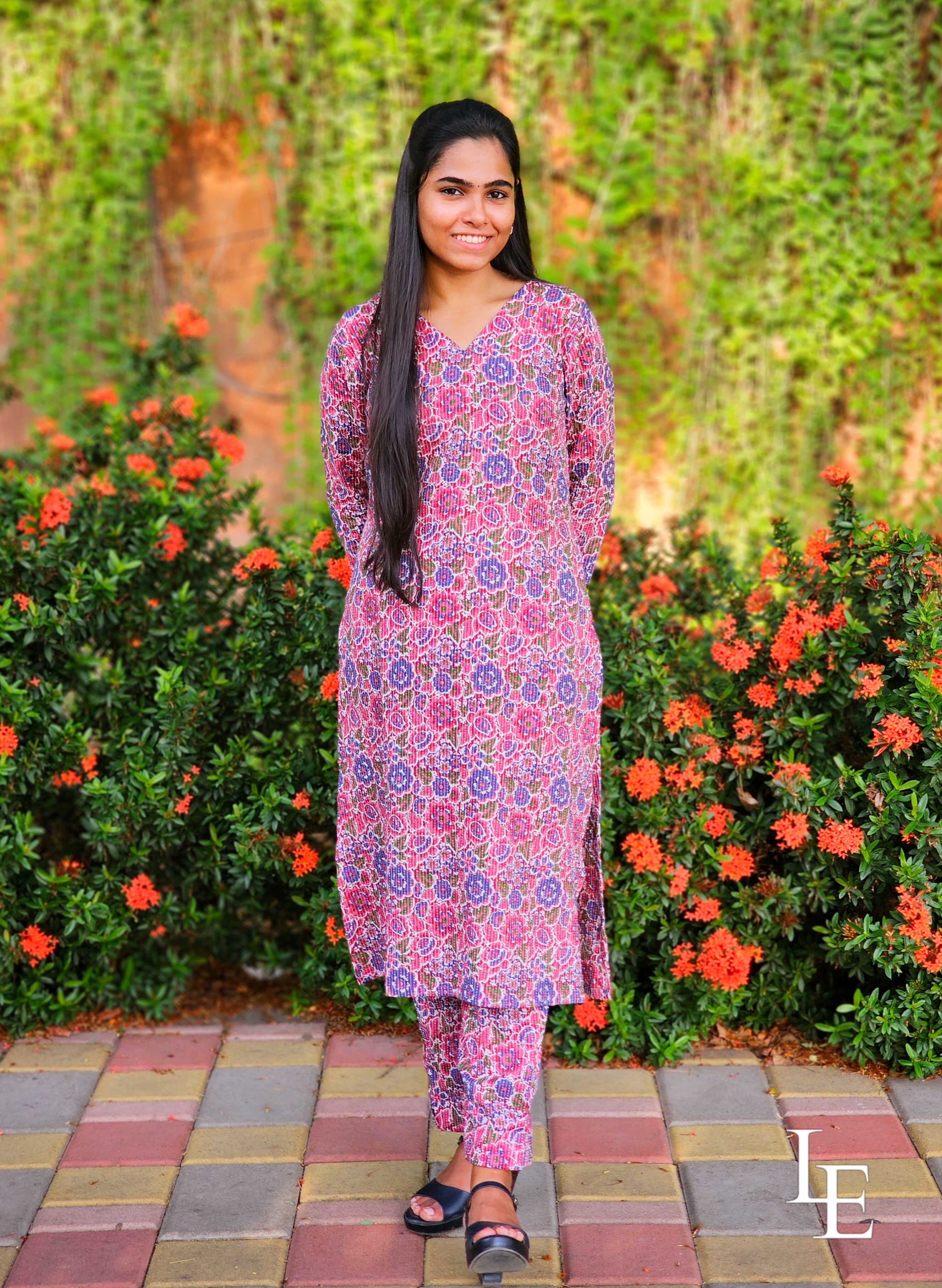 Dhriti - Pink Kantha Cotton Kurta Set