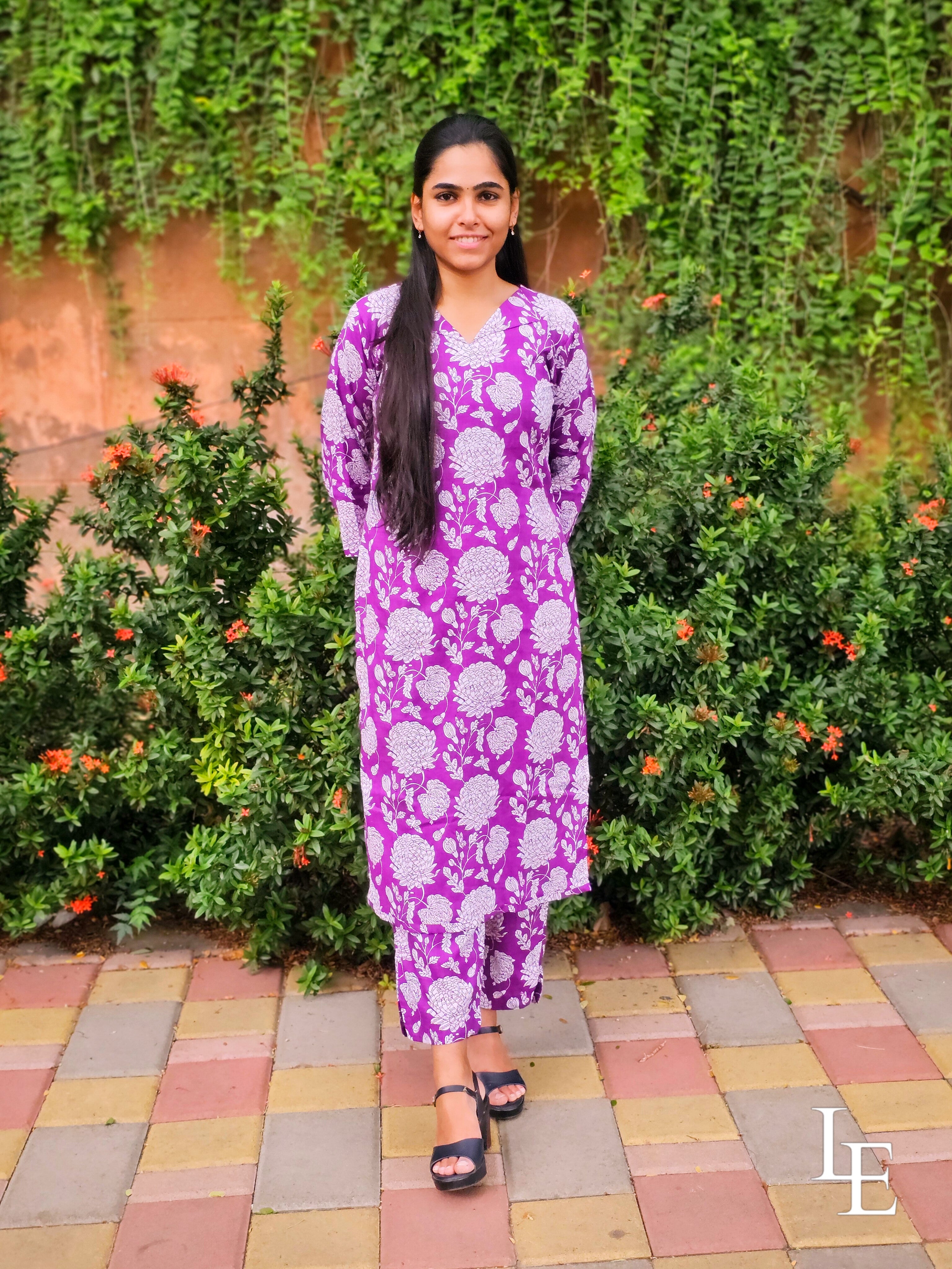 Mila - Purple Floral Cotton Kurta Set