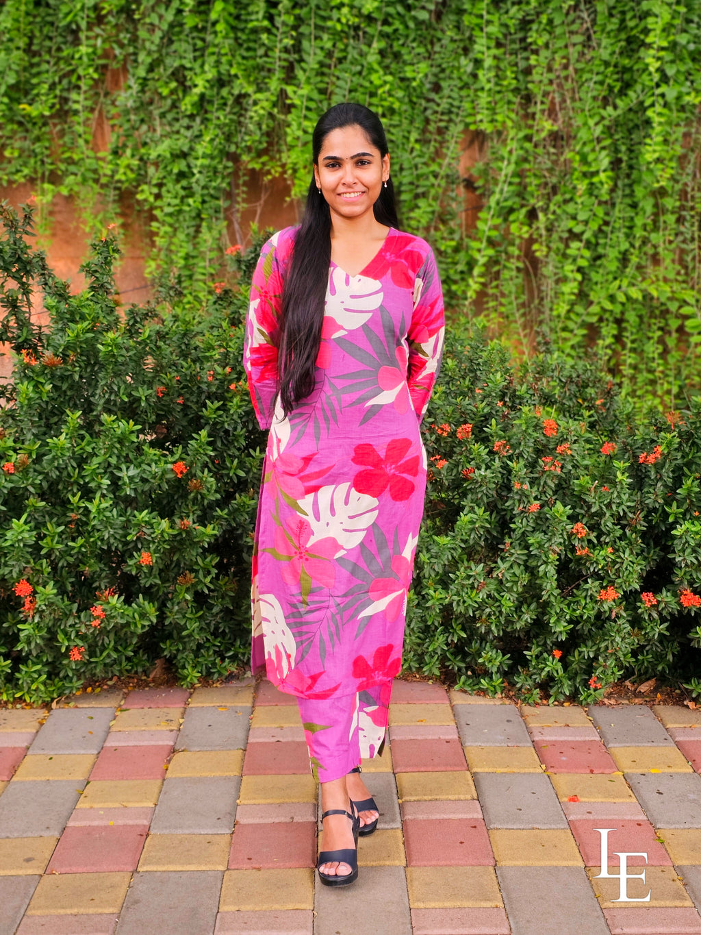 Milliee - Pinkish Purple Floral Cotton Kurti Set