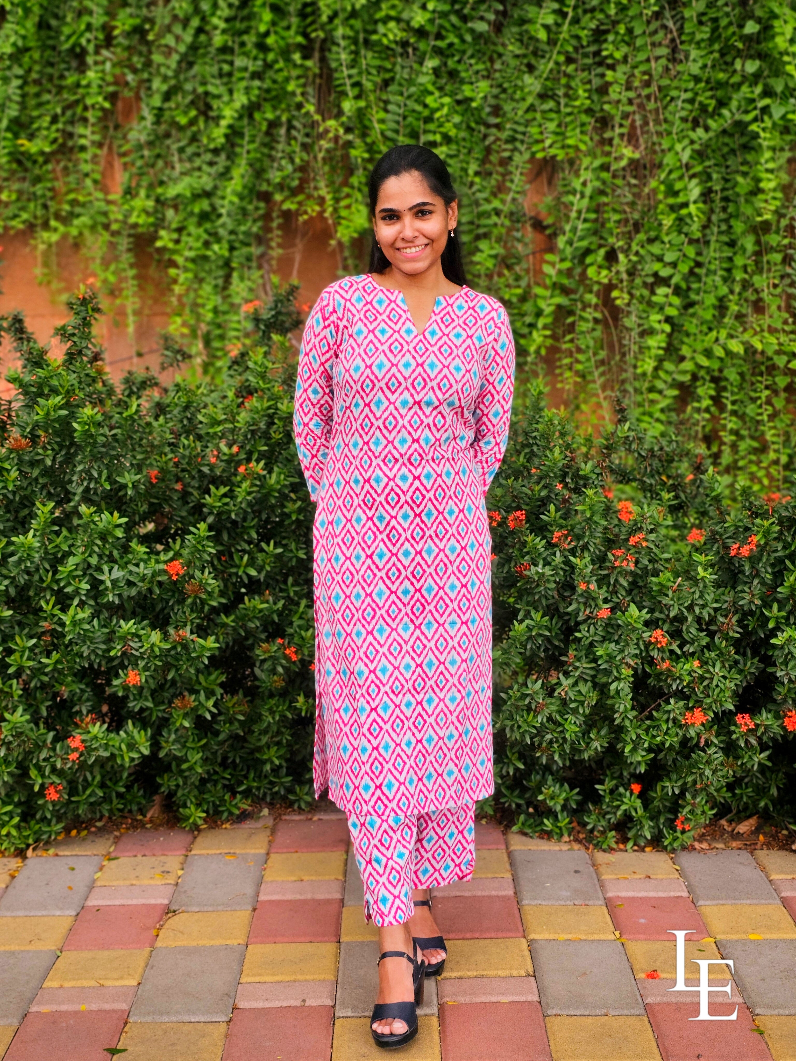 Amelia -White & Pink Cotton Kurta Set