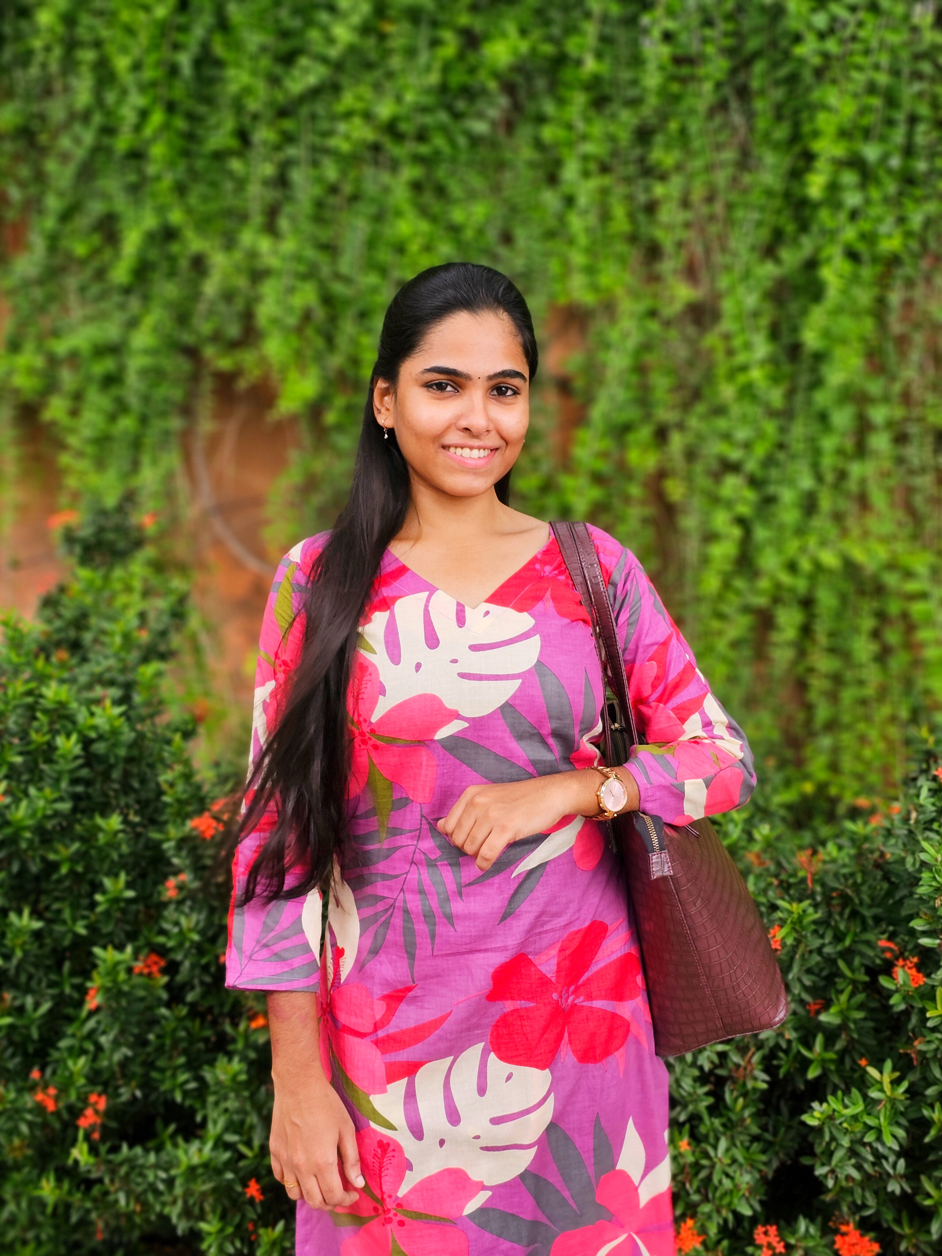 Milliee - Pinkish Purple Floral Cotton Kurti Set