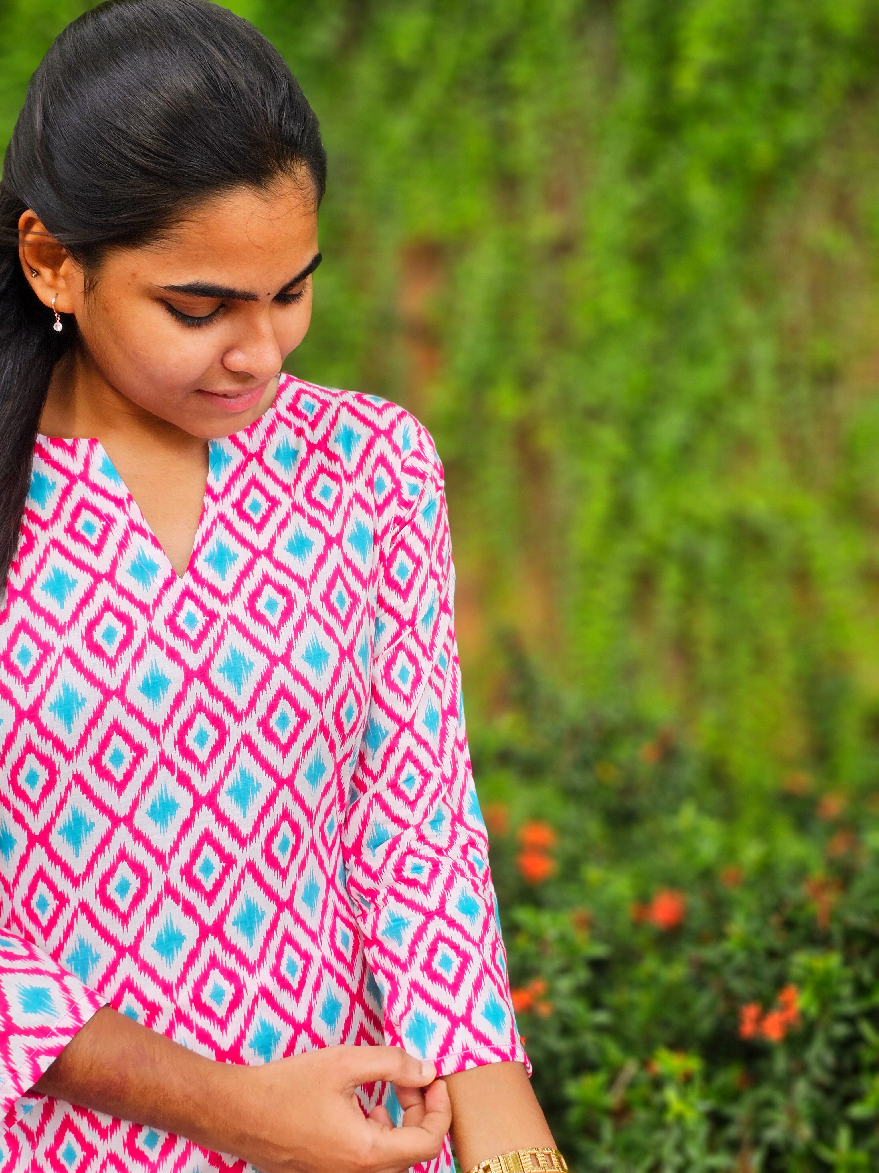 Amelia -White & Pink Cotton Kurta Set